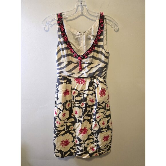 Nanette Lepore Linen & Silk Shift Dress Beaded Floral Brunch Sleeveless Party 0 - Picture 9 of 13